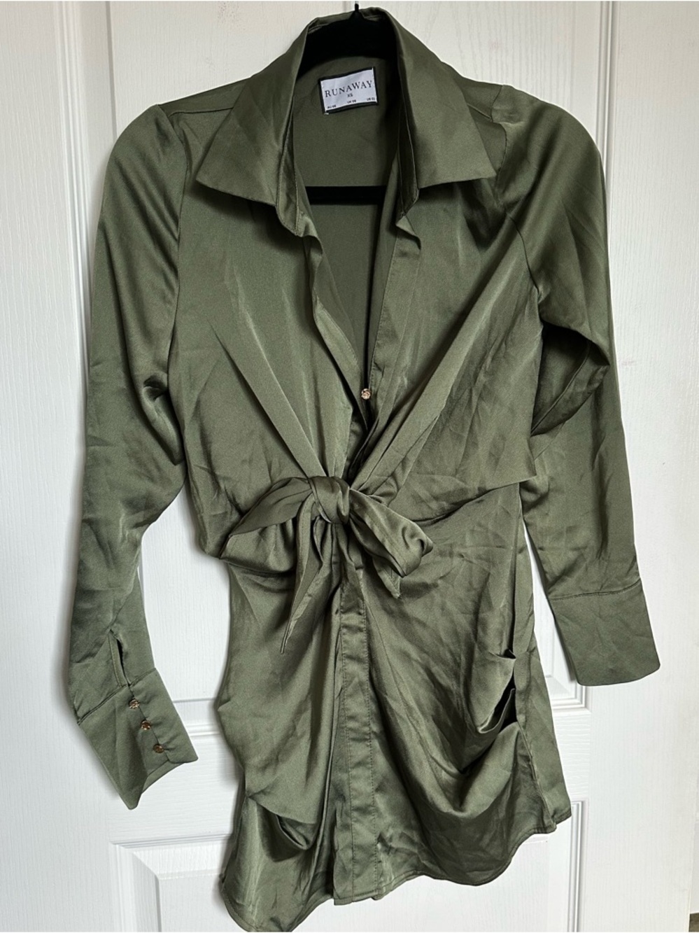 Runaway the Label - Size XS Olive Green Tie-Front Satin Dress
